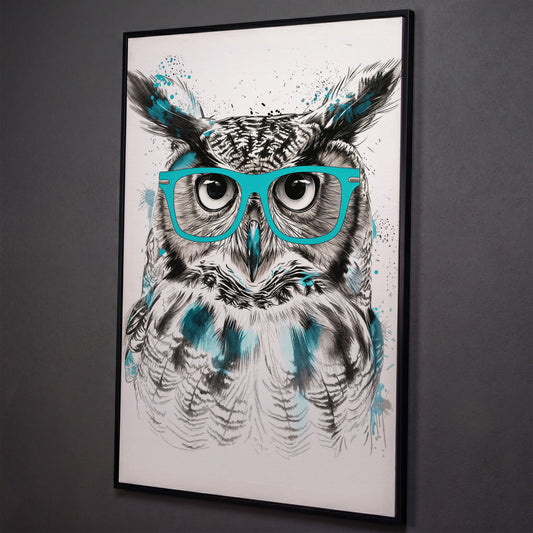 Owl in Turquoise Glasses Portrait Canvas Wall Art shown in black floating frame