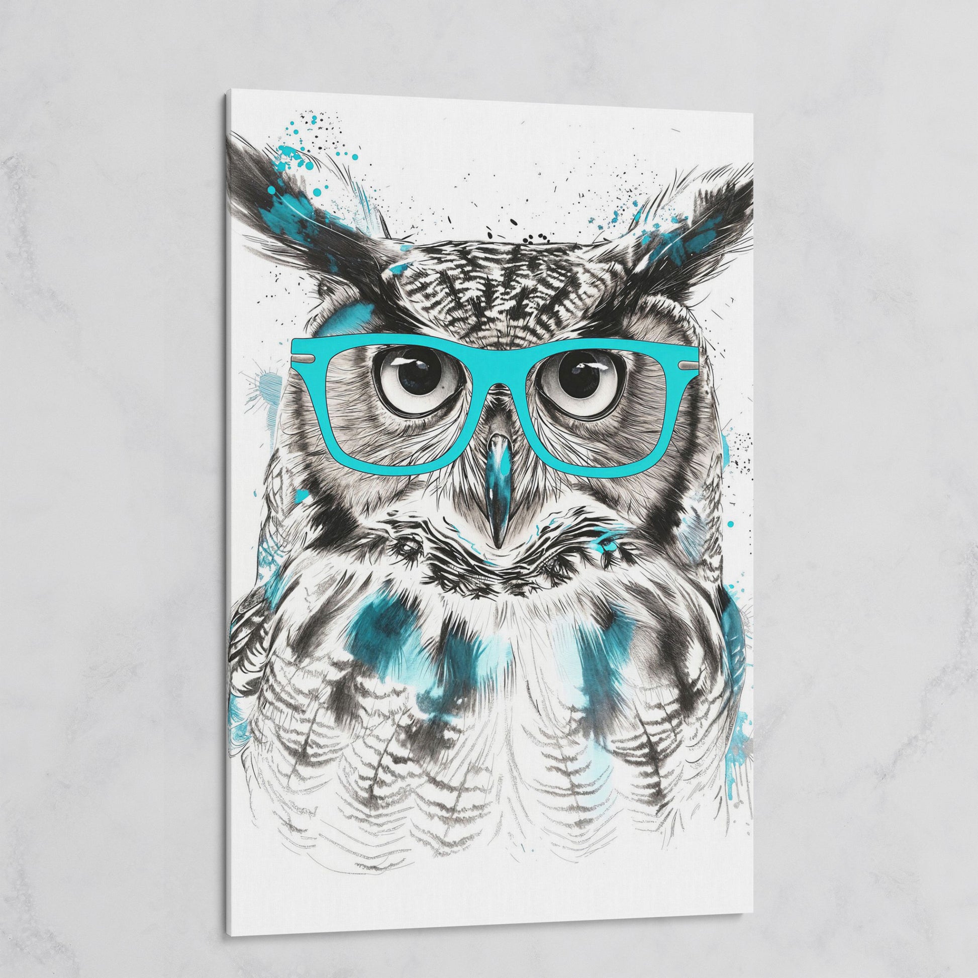 Owl in Turquoise Glasses Portrait Canvas Wall Art on gallery wrap