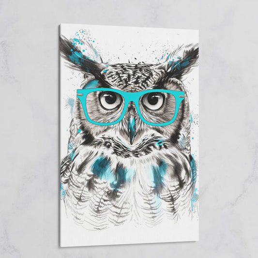 Owl in Turquoise Glasses Portrait Canvas Wall Art on gallery wrap