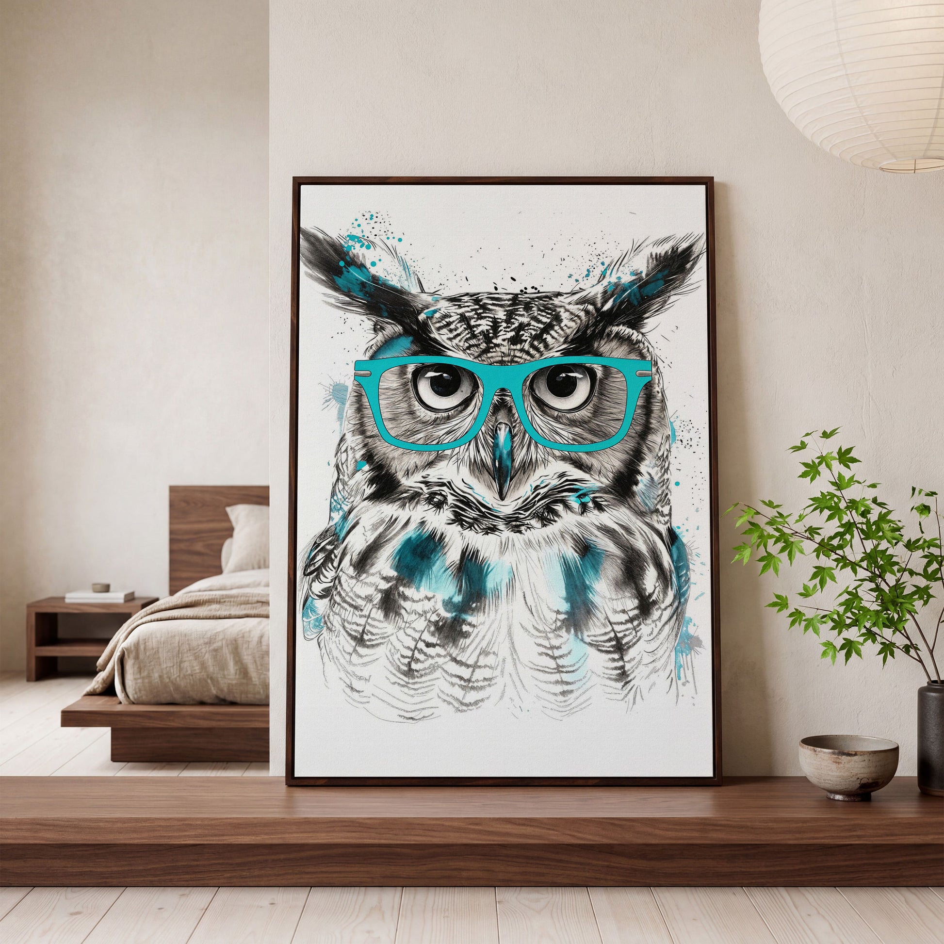 Owl in Turquoise Glasses Portrait Canvas Wall Art in dark walnut floating frame