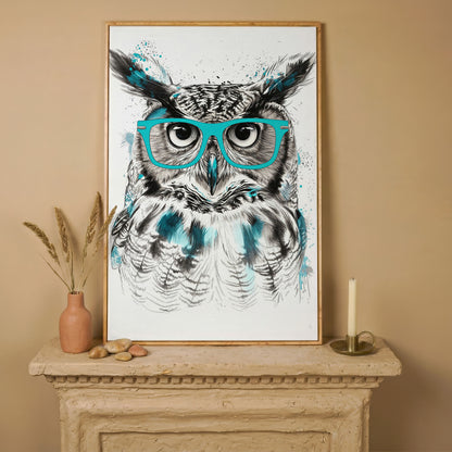 Owl in Turquoise Glasses Portrait Canvas Wall Art in white oak floating frame