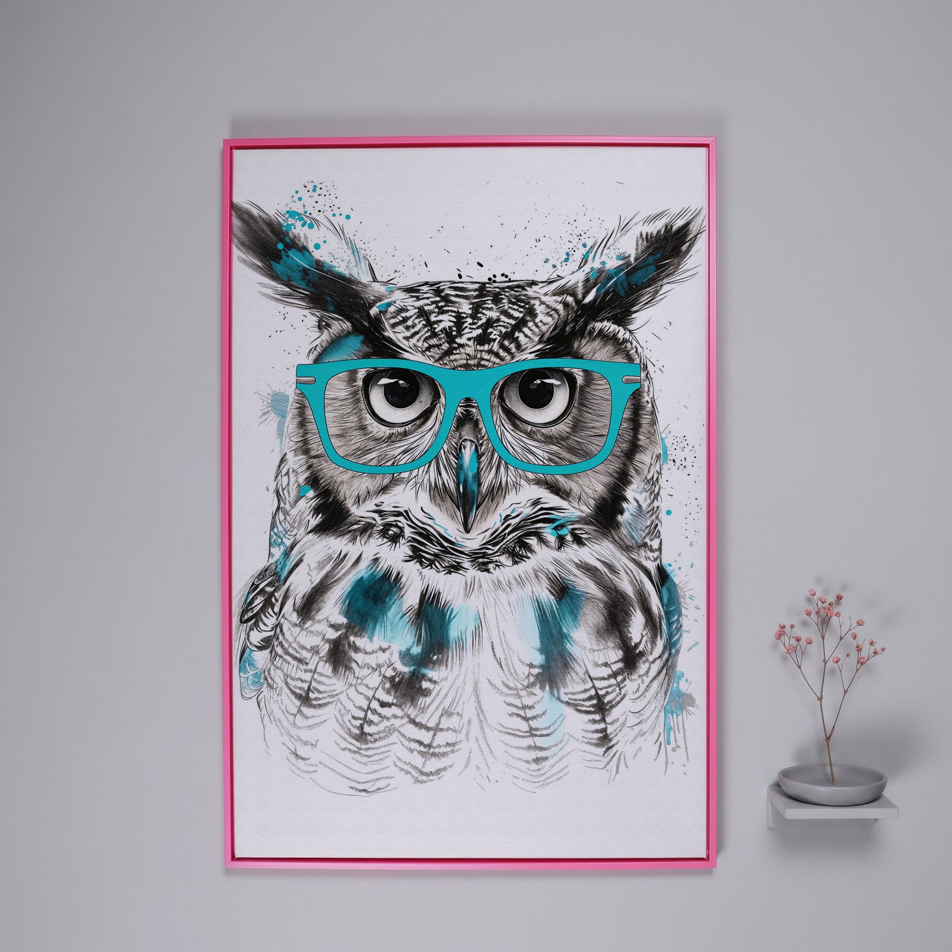 Owl in Turquoise Glasses Portrait Canvas Wall Art in pink floating frame