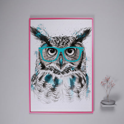 Owl in Turquoise Glasses Portrait Canvas Wall Art in pink floating frame