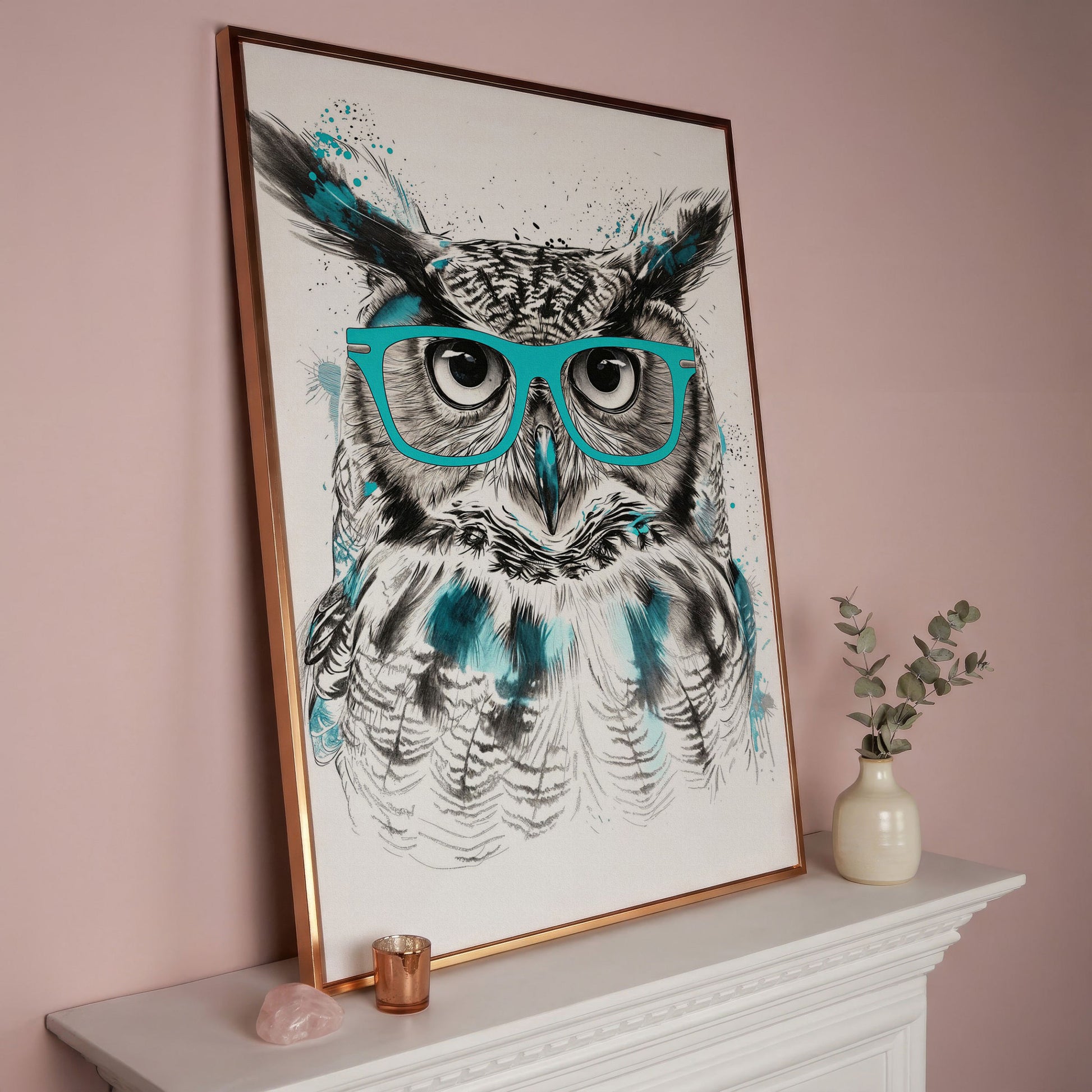 Owl in Turquoise Glasses Portrait Canvas Wall Art in rose gold floating frame