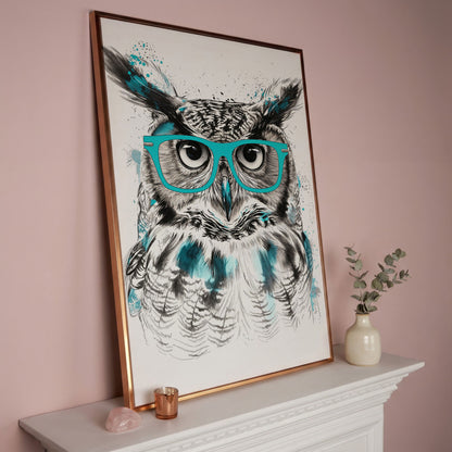 Owl in Turquoise Glasses Portrait Canvas Wall Art in rose gold floating frame