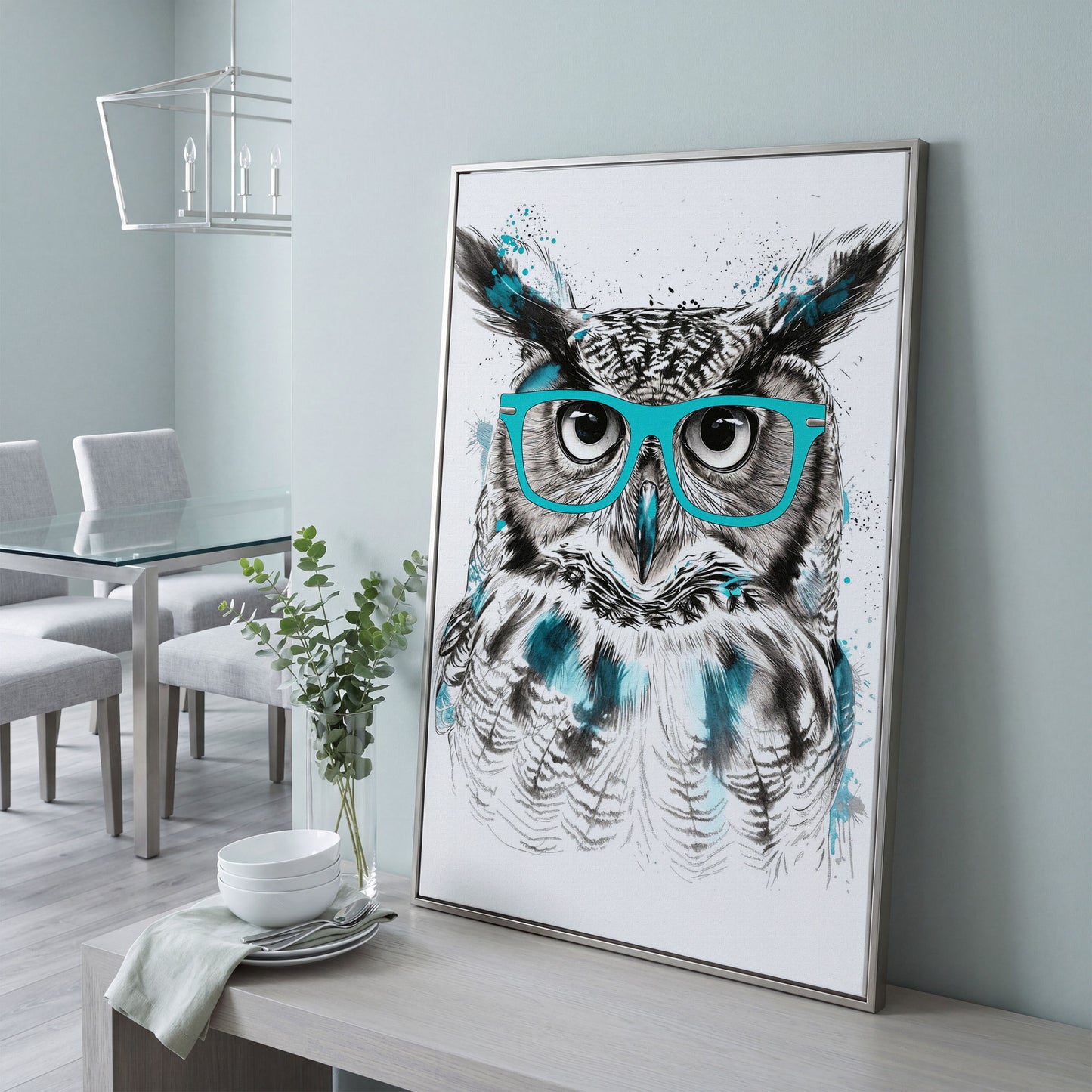 Owl in Turquoise Glasses Portrait Canvas Wall Art in silver floating frame