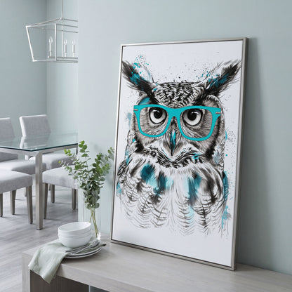 Owl in Turquoise Glasses Portrait Canvas Wall Art in silver floating frame