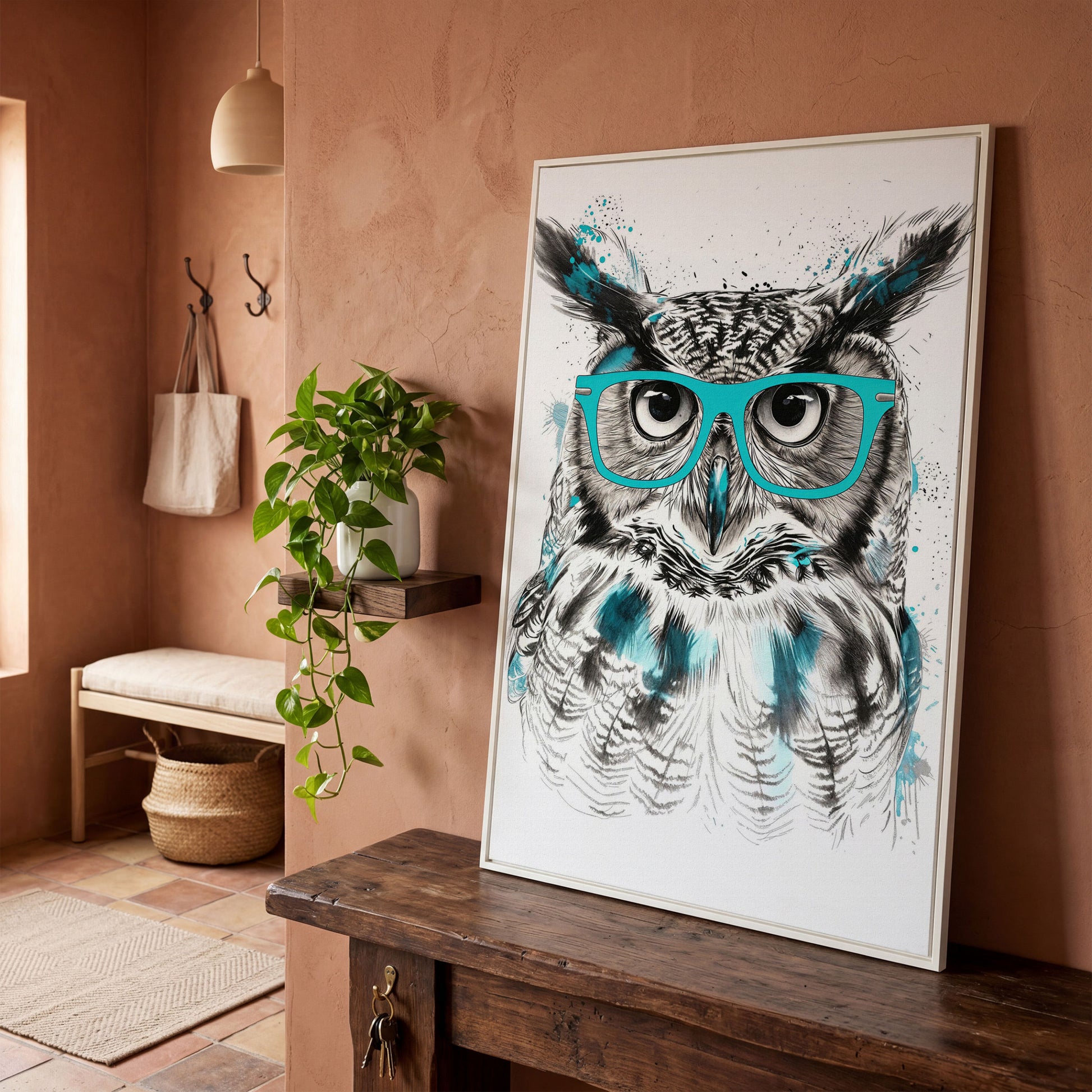 Owl in Turquoise Glasses Portrait Canvas Wall Art in white floating frame