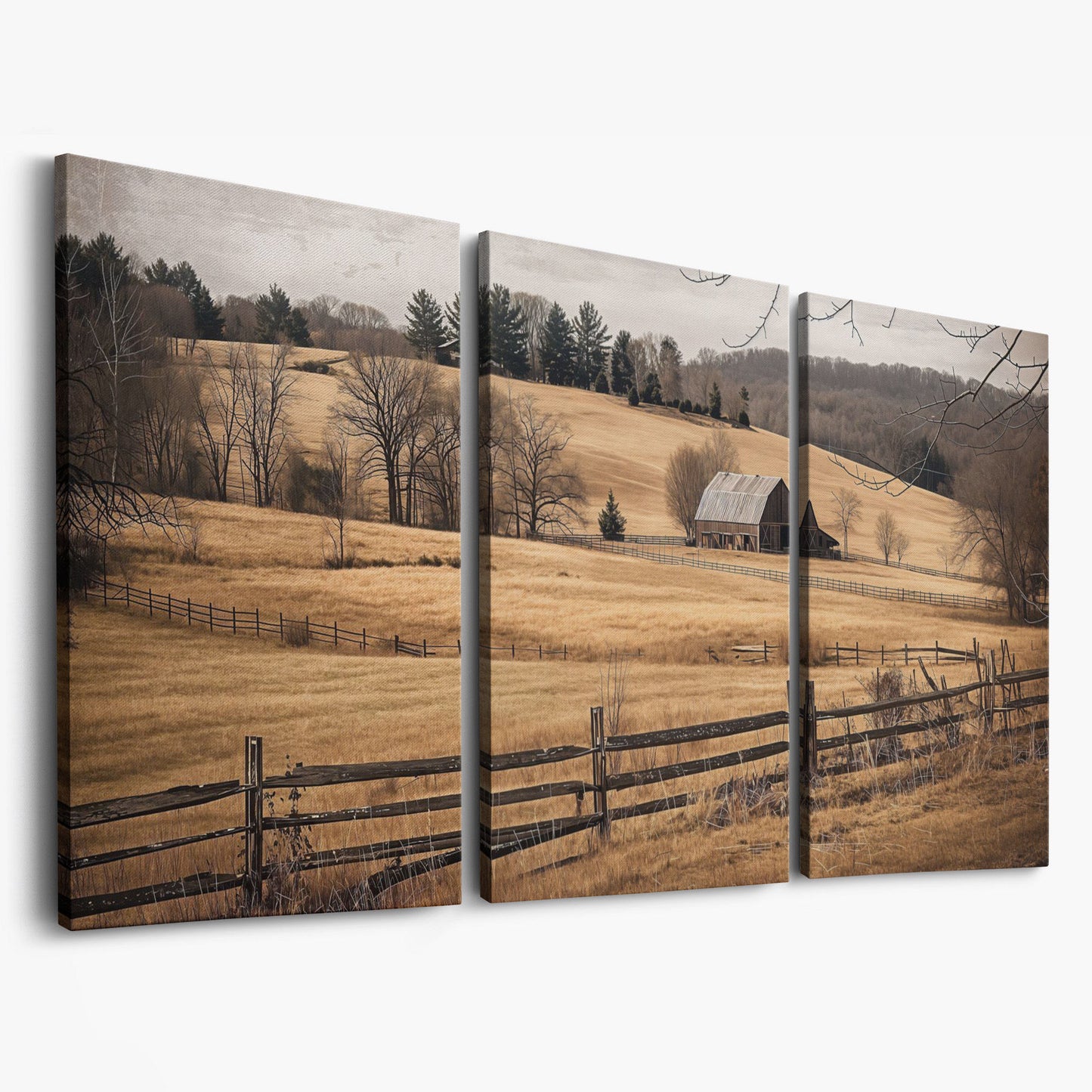 Weathered Barn and Golden Fields Canvas Wall Art as 3-panel split version
