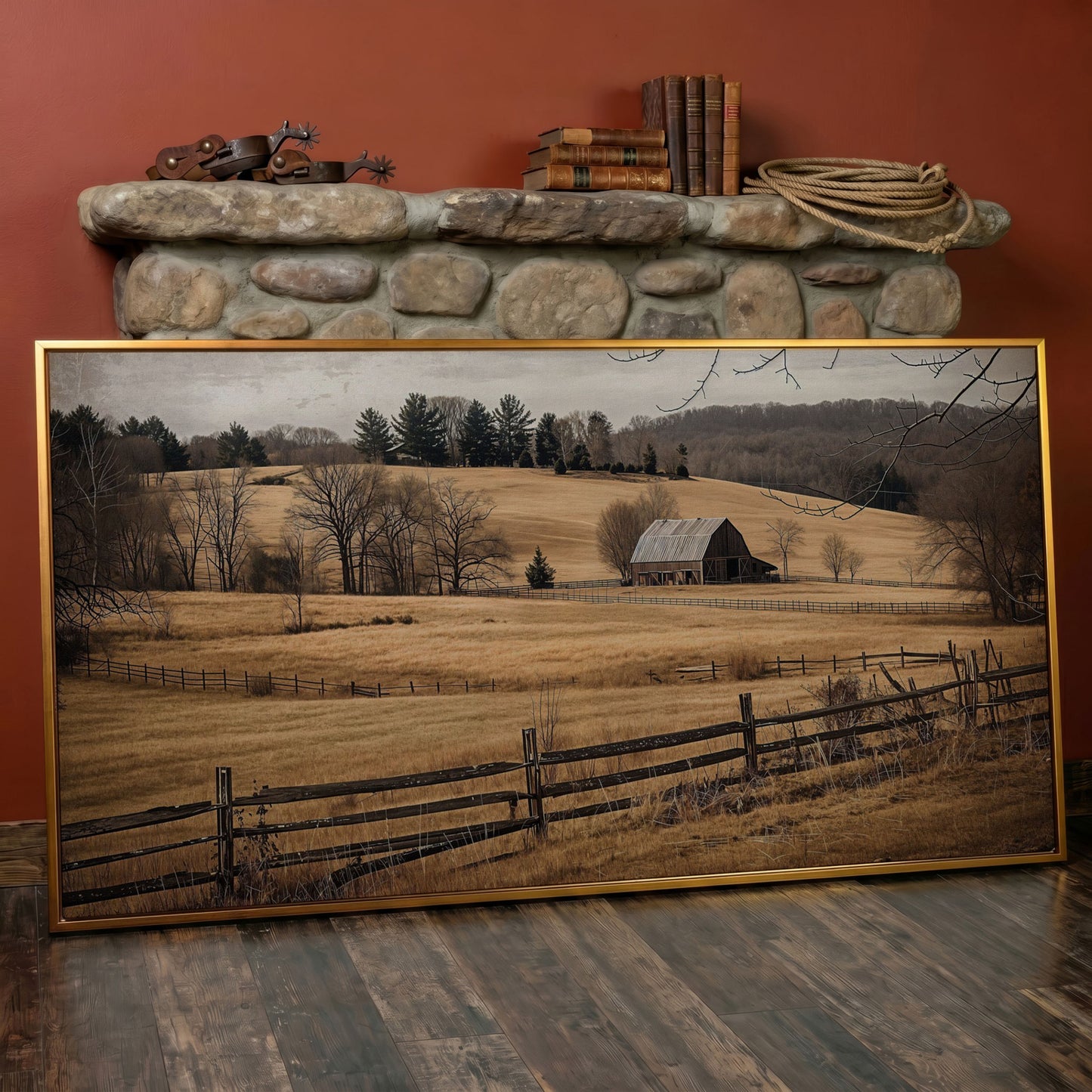 Weathered Barn and Golden Fields Canvas Wall Art in antique gold floating frame