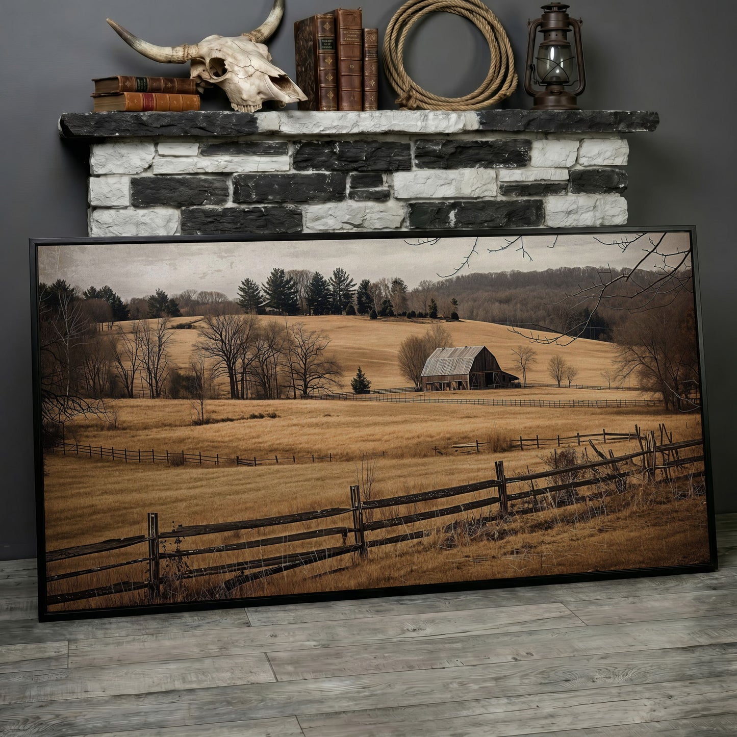 Weathered Barn and Golden Fields Canvas Wall Art in black floating frame
