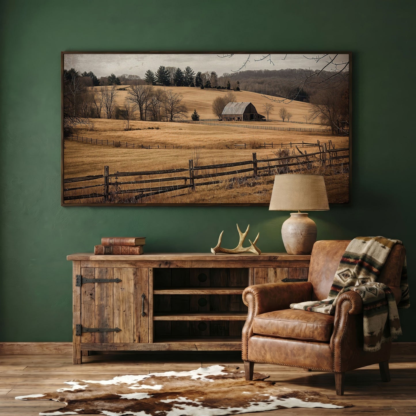 Weathered Barn and Golden Fields Canvas Wall Art in dark walnut floating frame