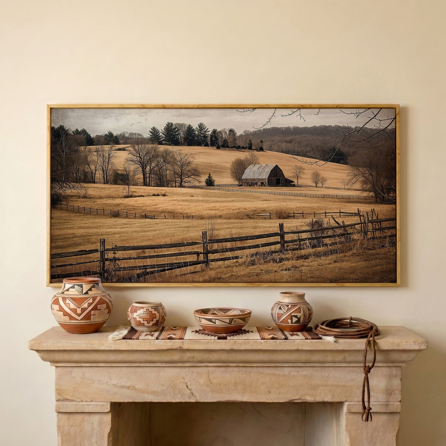 Weathered Barn and Golden Fields Canvas Wall Art in white oak floating frame