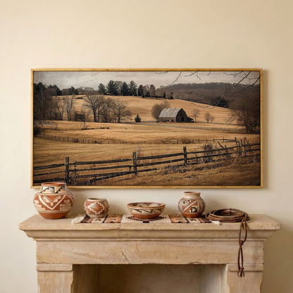 Weathered Barn and Golden Fields Canvas Wall Art in white oak floating frame
