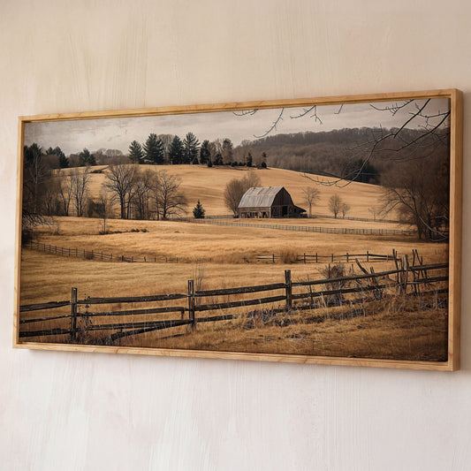Weathered Barn and Golden Fields Canvas Wall Art shown in white oak floating frame