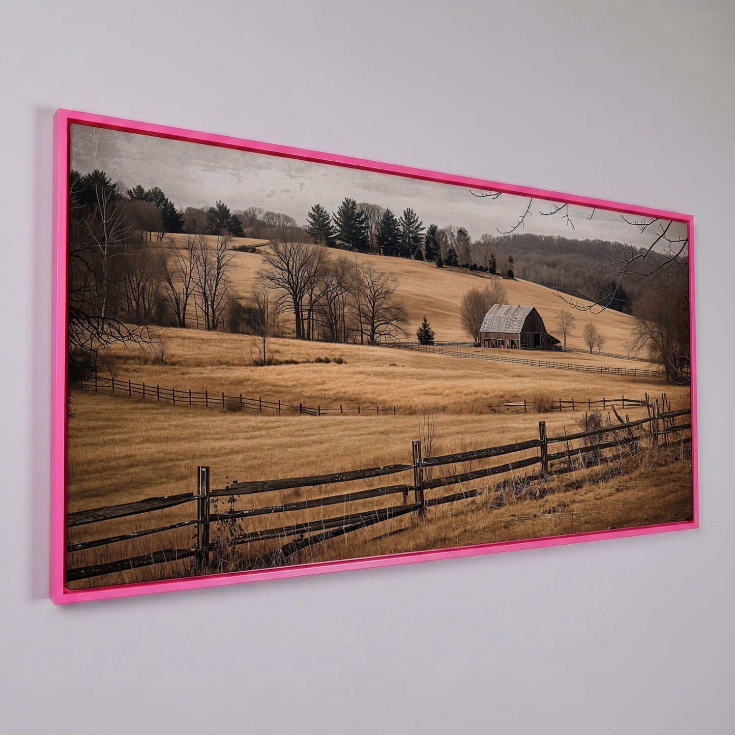 Weathered Barn and Golden Fields Canvas Wall Art in pink floating frame