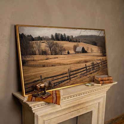Weathered Barn and Golden Fields Canvas Wall Art in rose gold floating frame