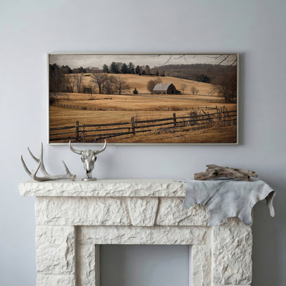 Weathered Barn and Golden Fields Canvas Wall Art in silver floating frame