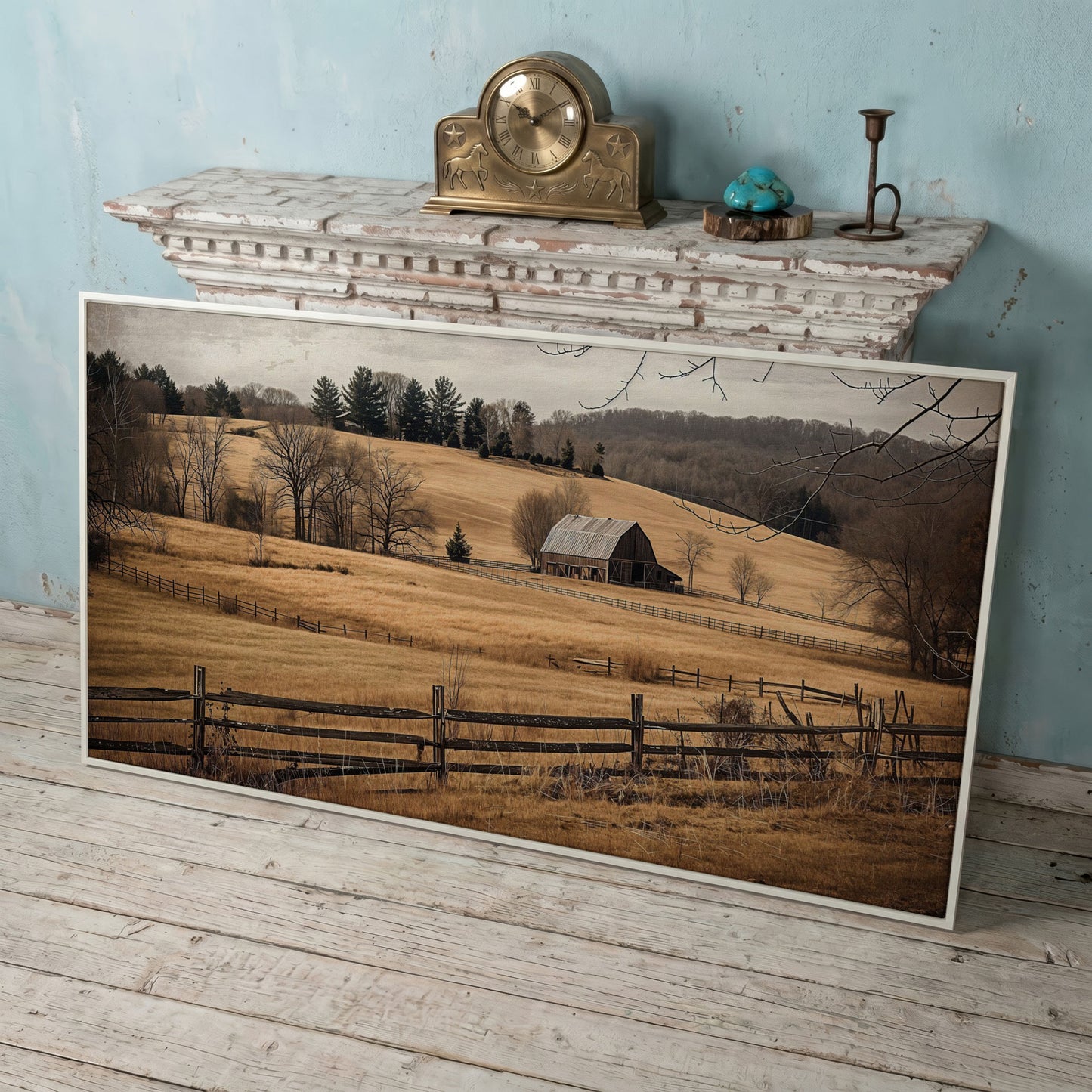 Weathered Barn and Golden Fields Canvas Wall Art in white floating frame