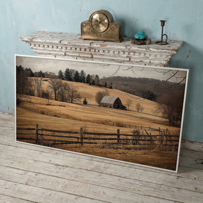 Weathered Barn and Golden Fields Canvas Wall Art in white floating frame