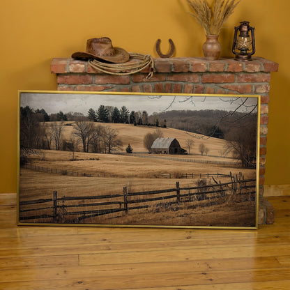 Weathered Barn and Golden Fields Canvas Wall Art in yellow gold floating frame