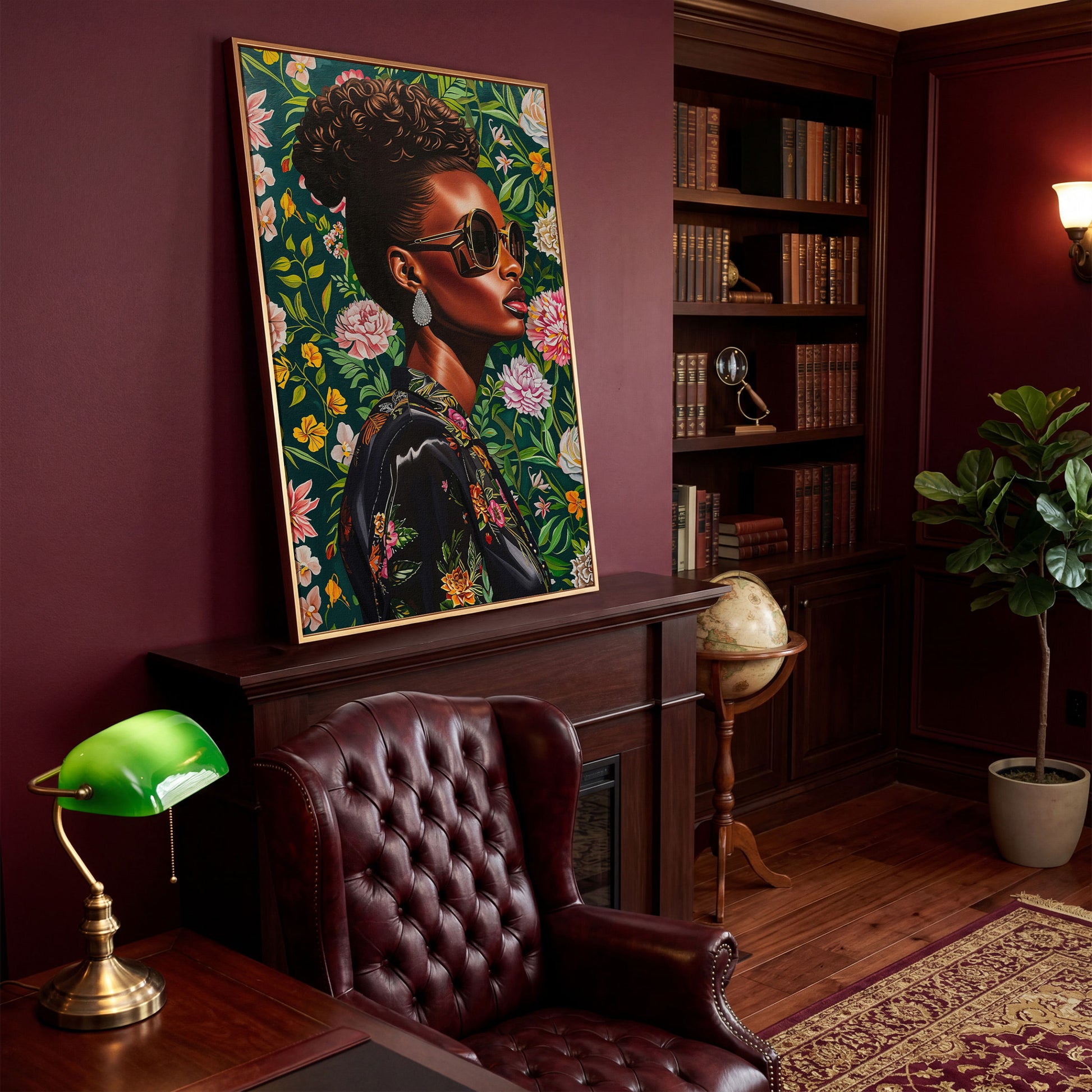 Fashionable Black Woman Floral Portrait Canvas Wall Art in antique gold floating frame