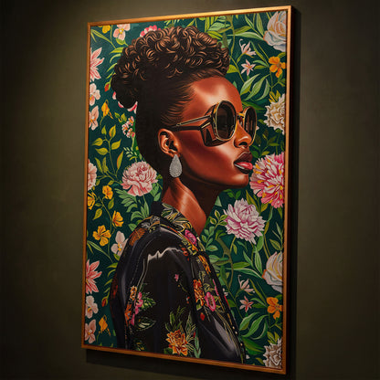 Fashionable Black Woman Floral Portrait Canvas Wall Art shown in antique gold floating frame