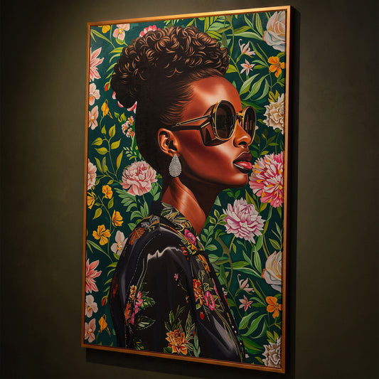 Fashionable Black Woman Floral Portrait Canvas Wall Art shown in antique gold floating frame