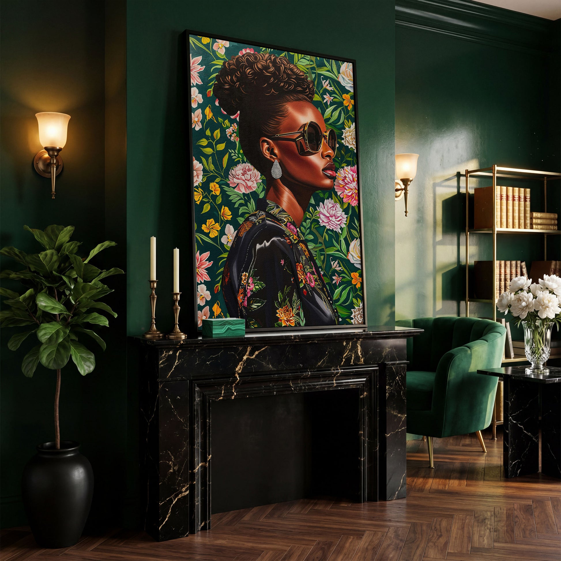 Fashionable Black Woman Floral Portrait Canvas Wall Art in black floating frame