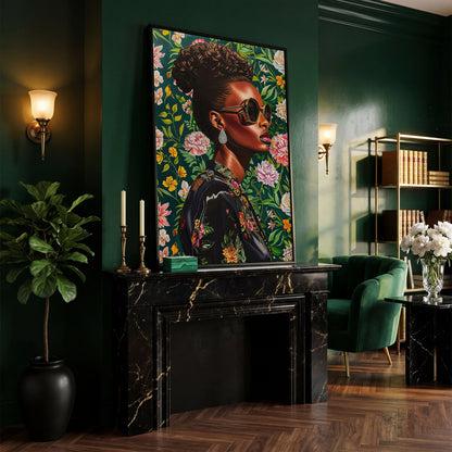 Fashionable Black Woman Floral Portrait Canvas Wall Art in black floating frame