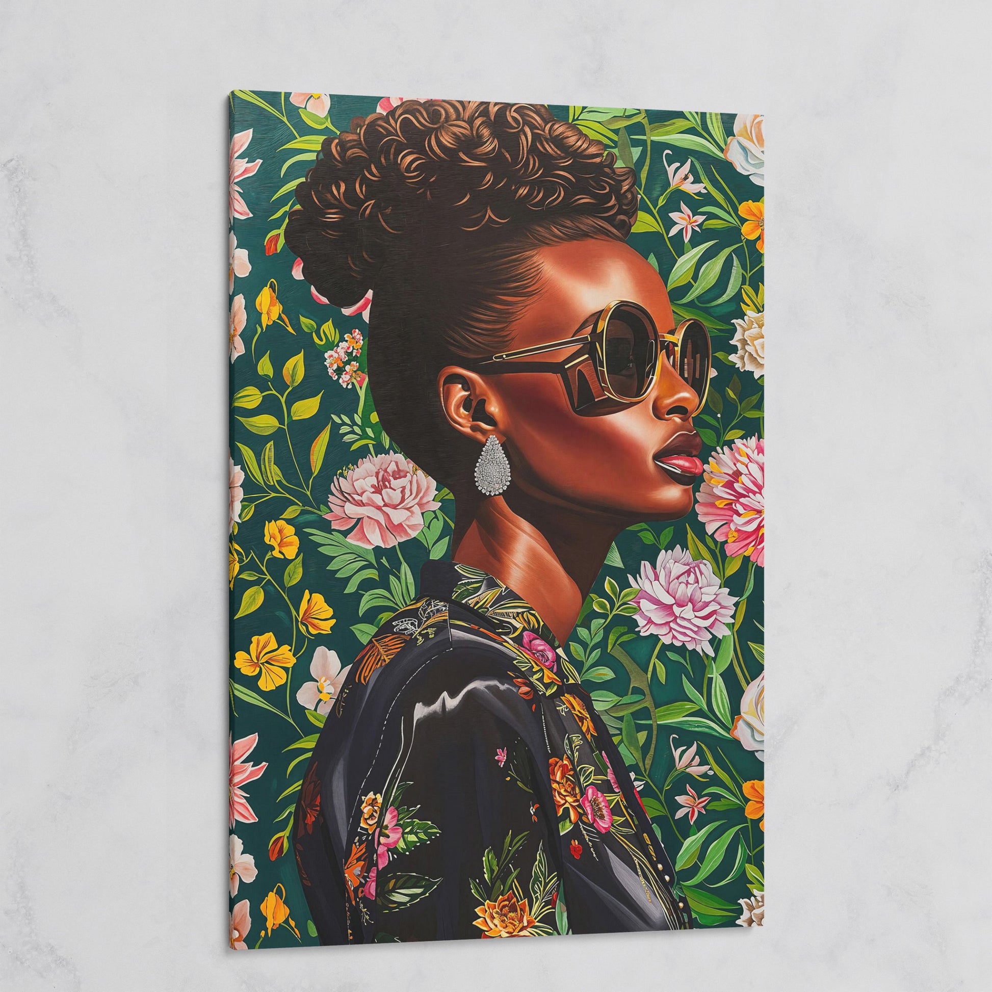 Fashionable Black Woman Floral Portrait Canvas Wall Art on gallery wrap
