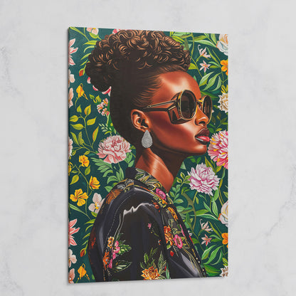 Fashionable Black Woman Floral Portrait Canvas Wall Art on gallery wrap