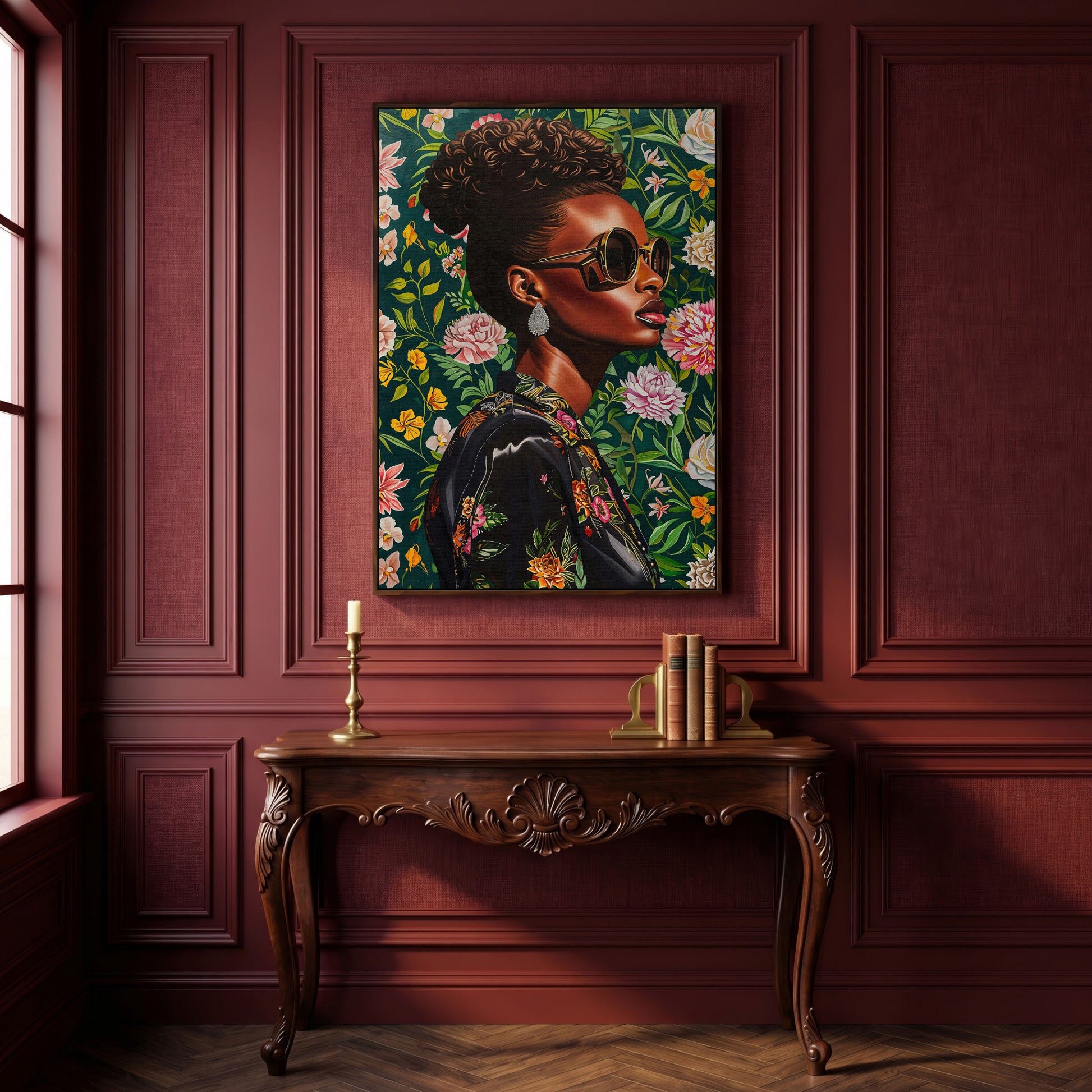 Fashionable Black Woman Floral Portrait Canvas Wall Art in dark walnut floating frame