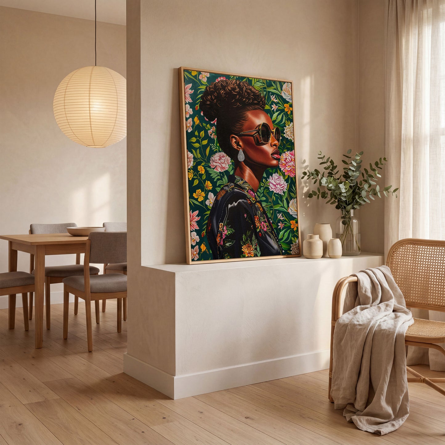 Fashionable Black Woman Floral Portrait Canvas Wall Art in white oak floating frame