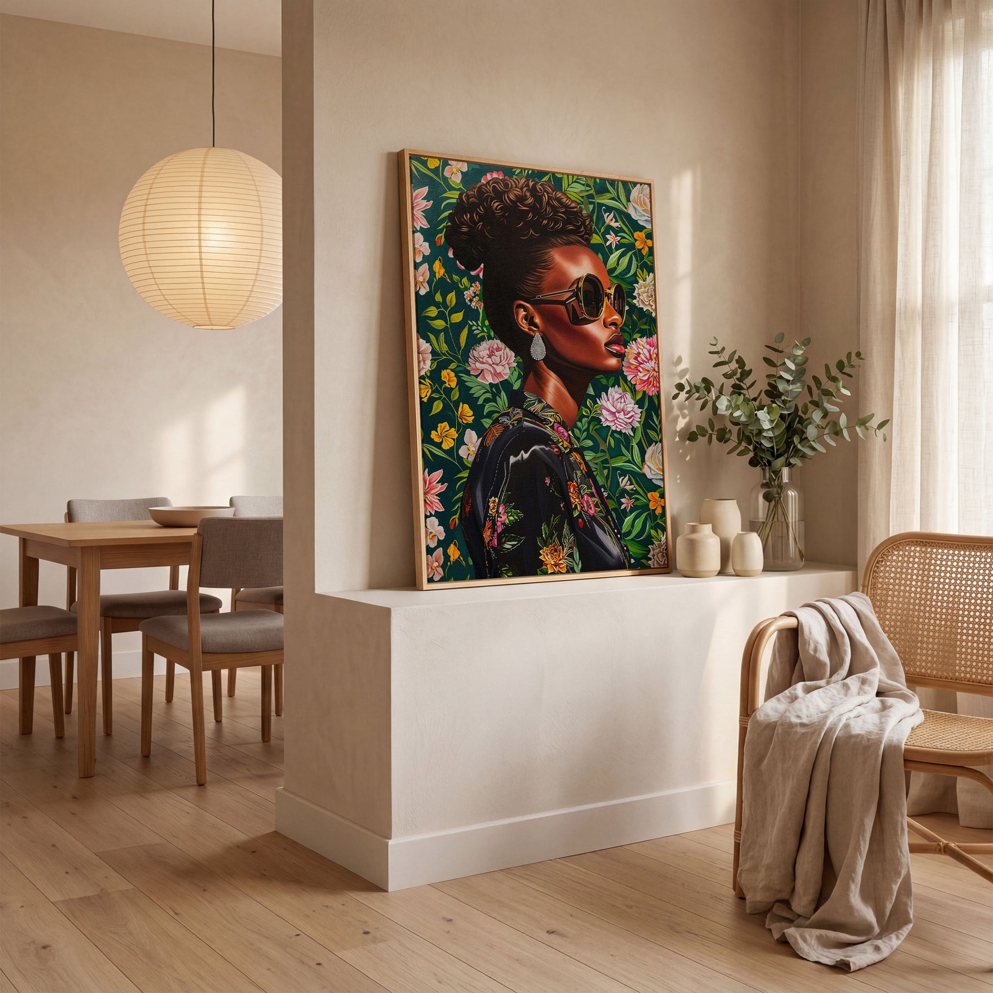Fashionable Black Woman Floral Portrait Canvas Wall Art in white oak floating frame