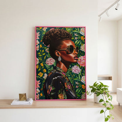 Fashionable Black Woman Floral Portrait Canvas Wall Art in pink floating frame