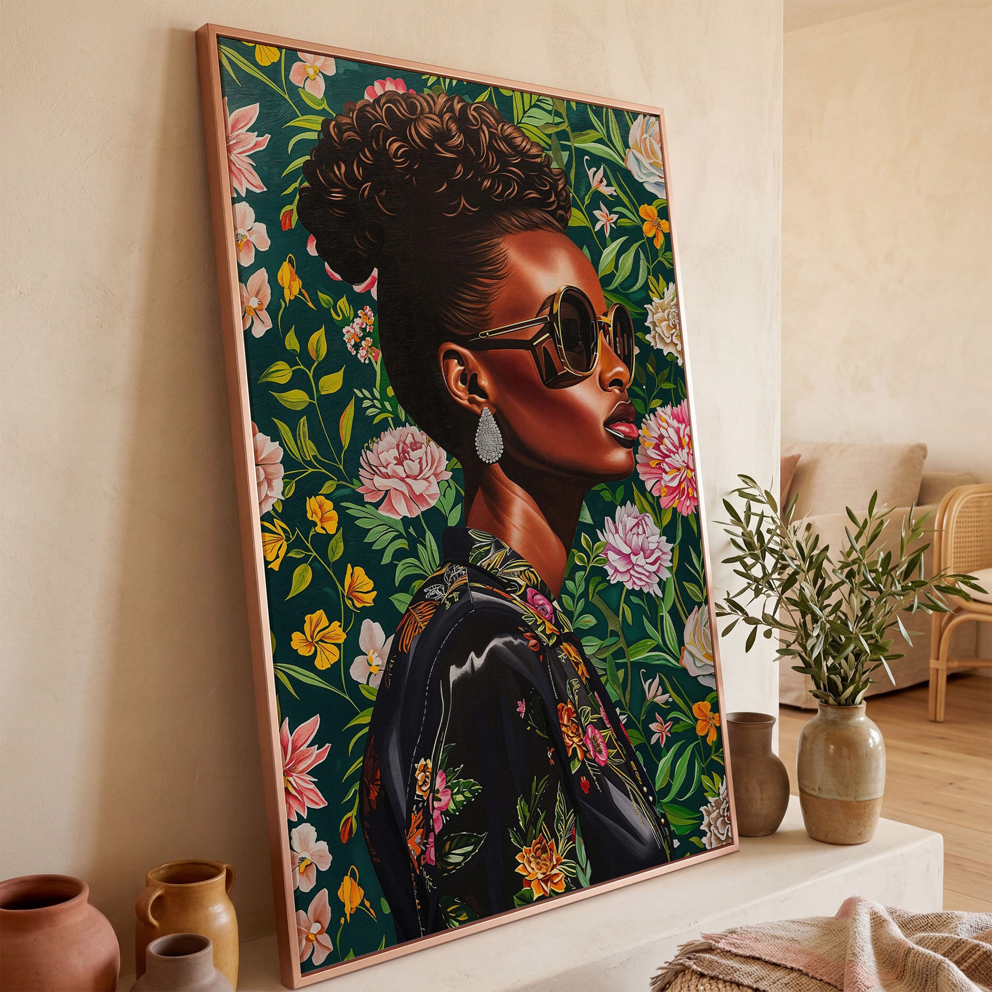 Fashionable Black Woman Floral Portrait Canvas Wall Art in rose gold floating frame