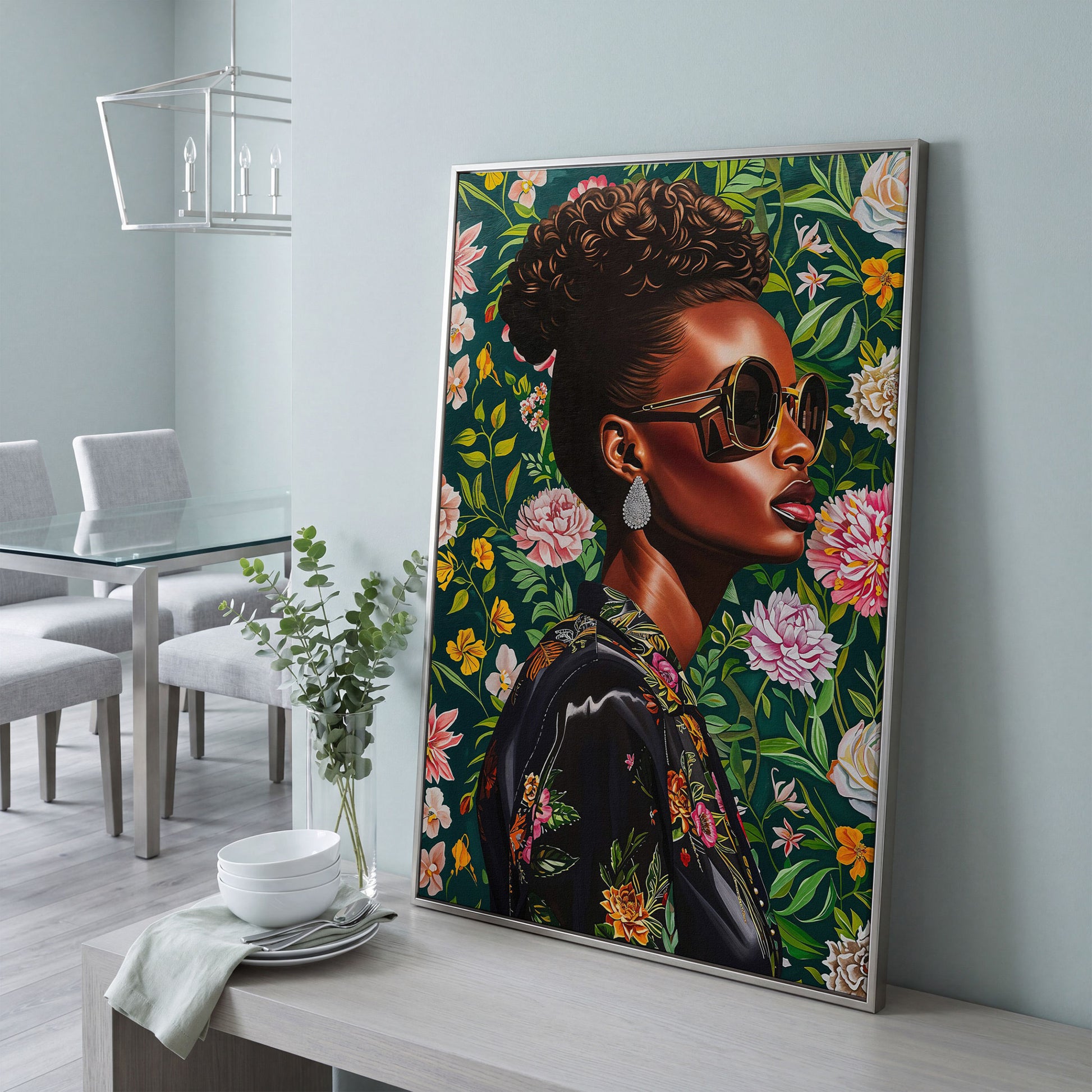 Fashionable Black Woman Floral Portrait Canvas Wall Art in silver floating frame