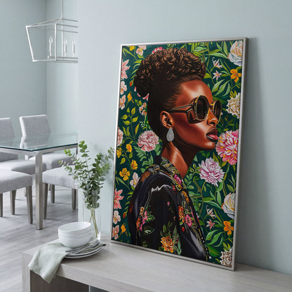 Fashionable Black Woman Floral Portrait Canvas Wall Art in silver floating frame