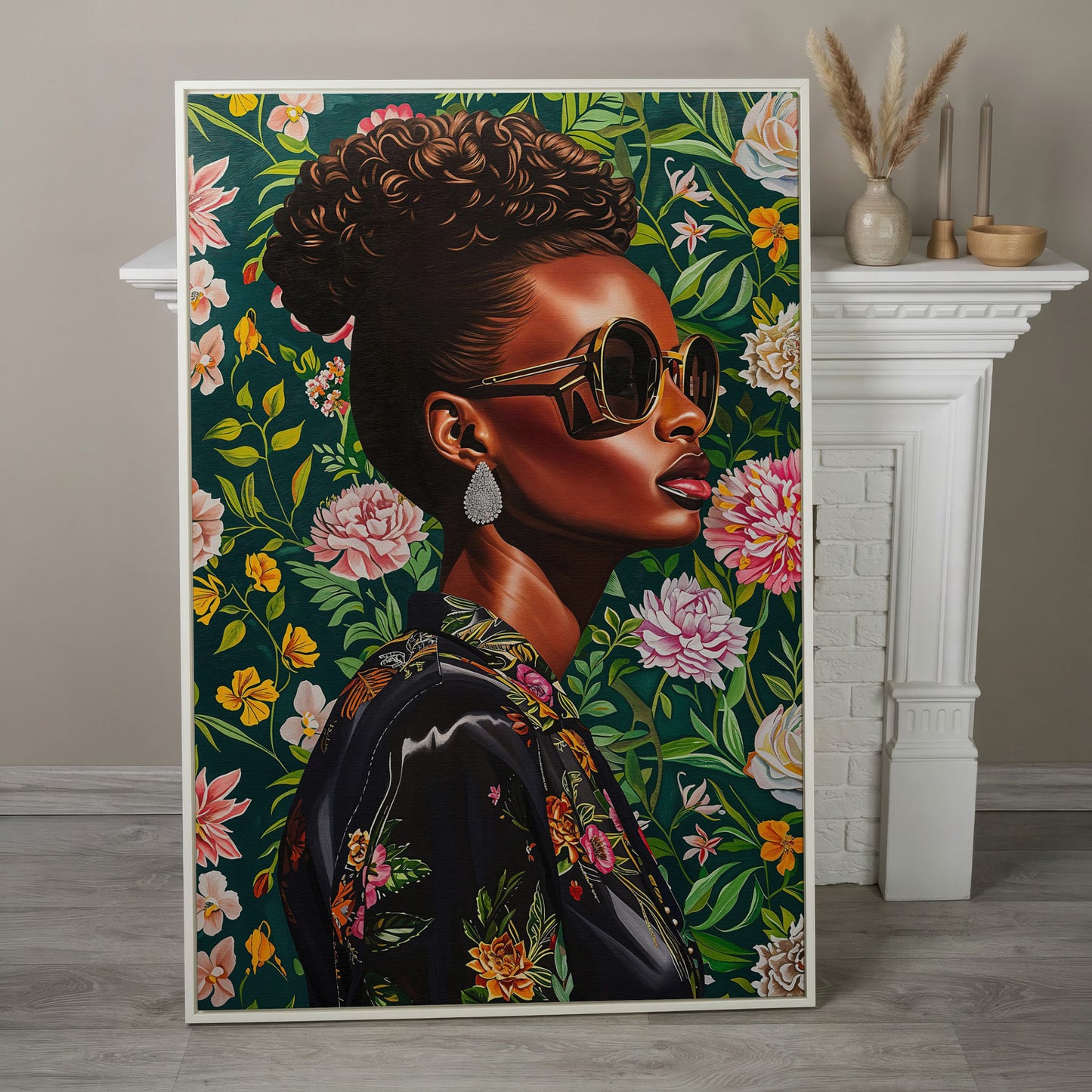 Fashionable Black Woman Floral Portrait Canvas Wall Art in white floating frame