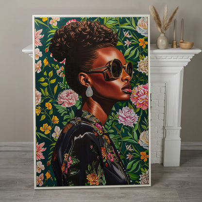 Fashionable Black Woman Floral Portrait Canvas Wall Art in white floating frame