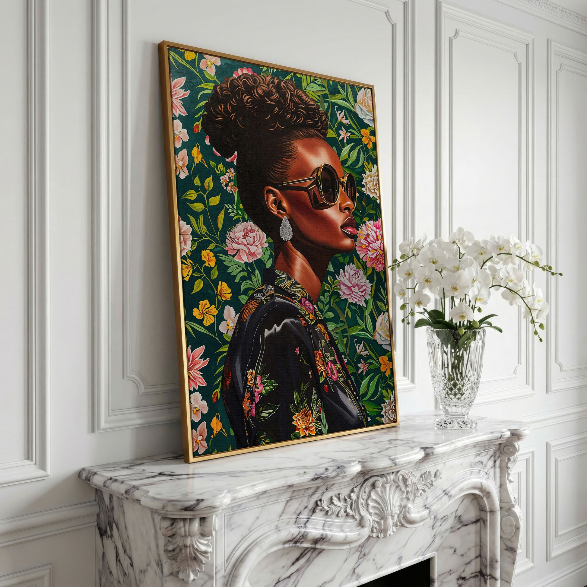 Fashionable Black Woman Floral Portrait Canvas Wall Art in yellow gold floating frame