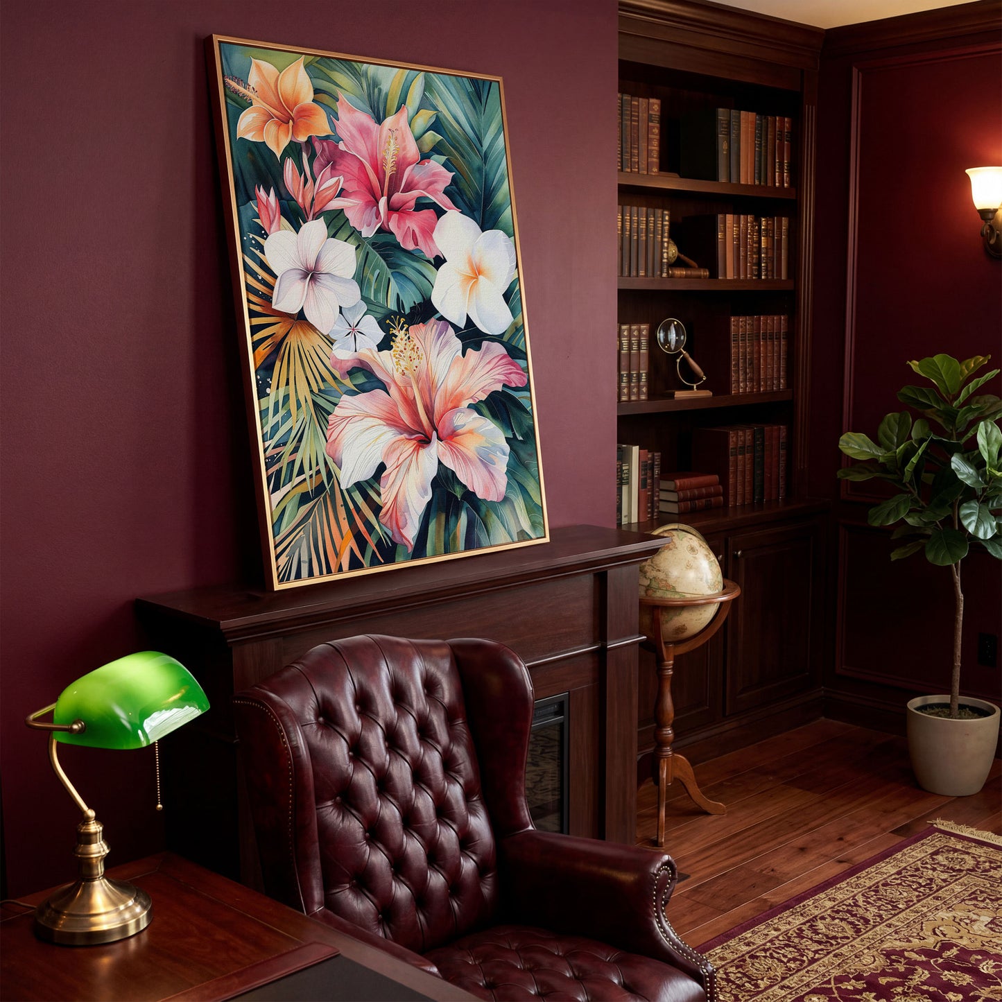 Tropical Hibiscus & Florals Canvas Print in antique gold floating frame