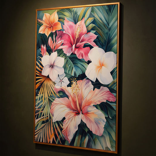 Tropical Hibiscus & Florals Canvas Print shown in antique gold floating frame
