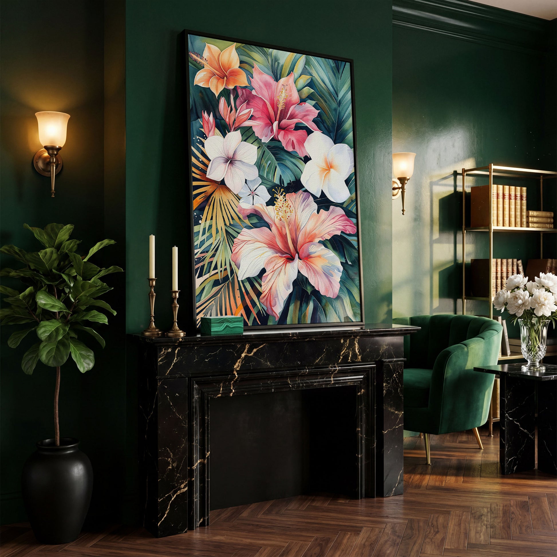 Tropical Hibiscus & Florals Canvas Print in black floating frame