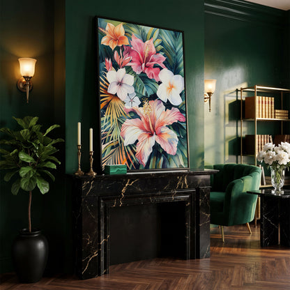 Tropical Hibiscus & Florals Canvas Print in black floating frame
