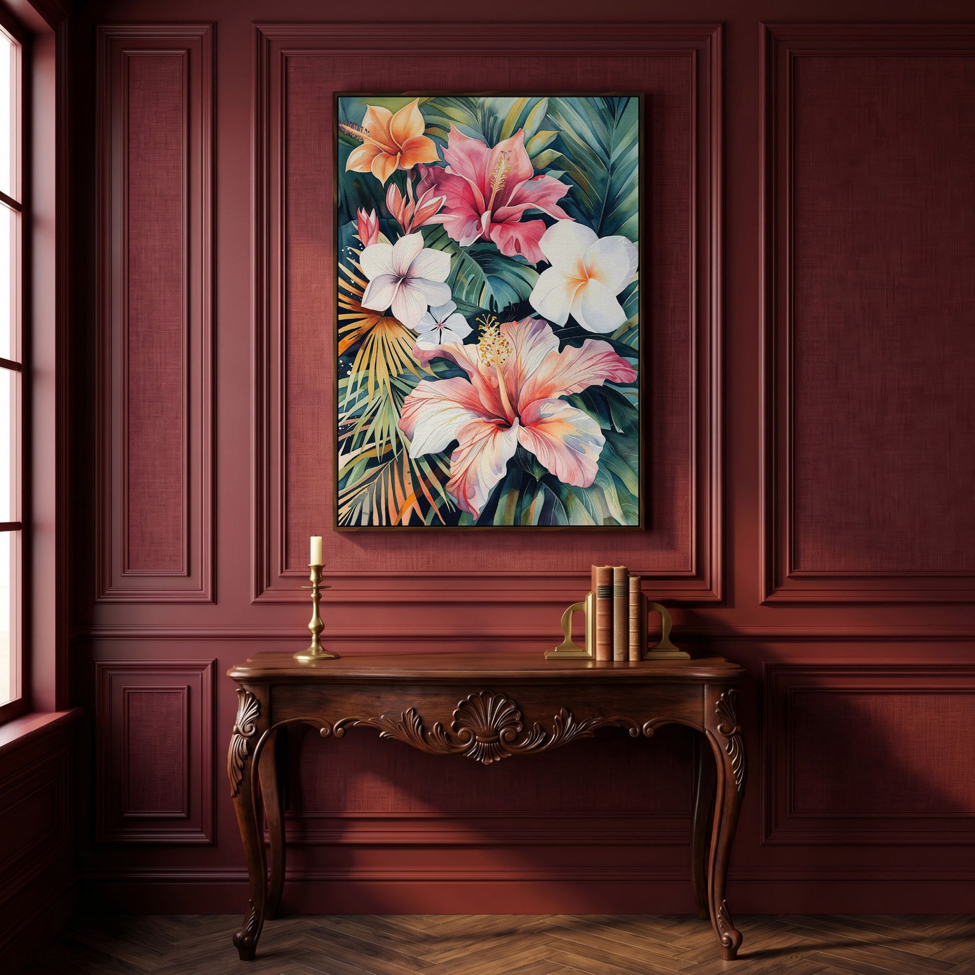 Tropical Hibiscus & Florals Canvas Print in dark walnut floating frame