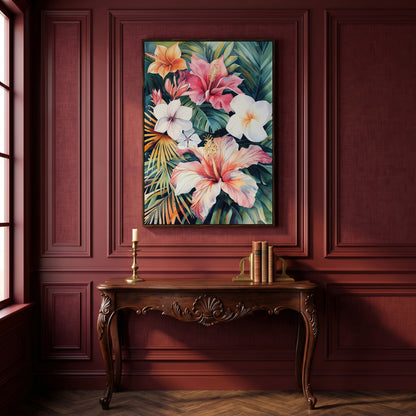 Tropical Hibiscus & Florals Canvas Print in dark walnut floating frame