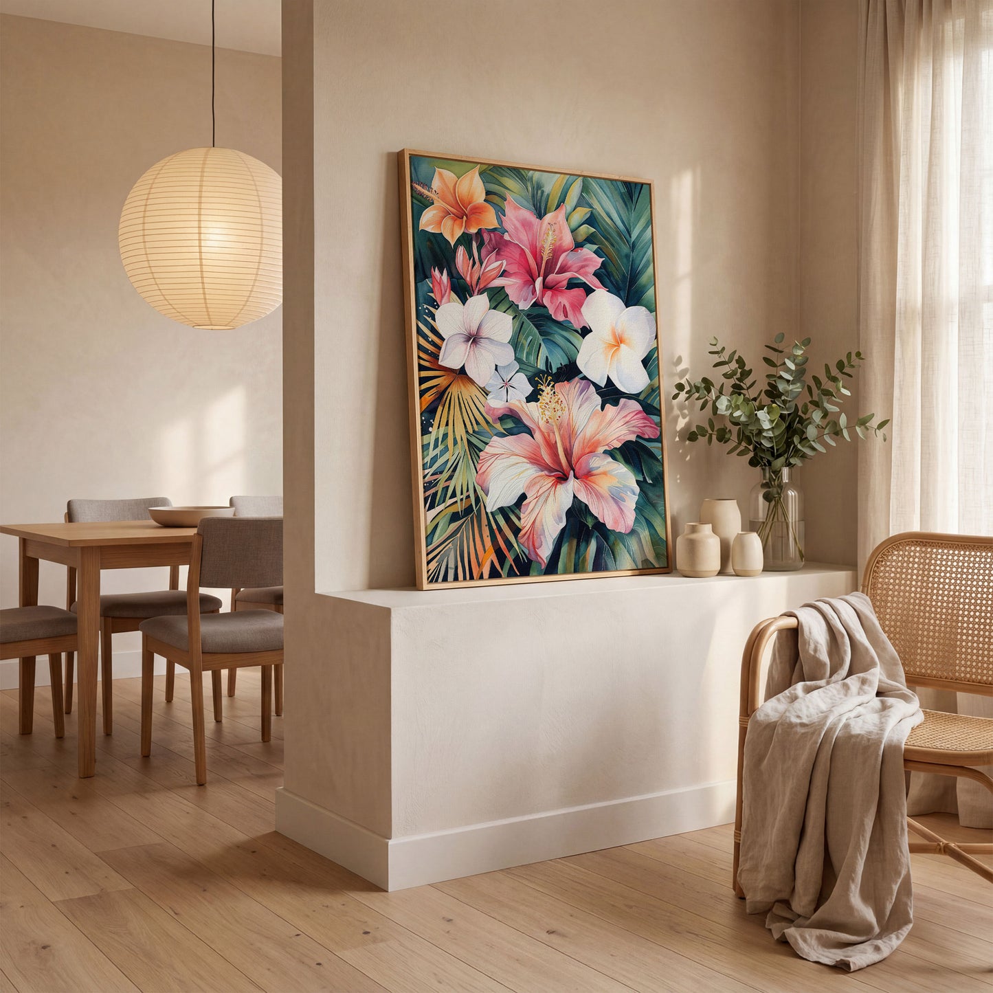 Tropical Hibiscus & Florals Canvas Print in white oak floating frame