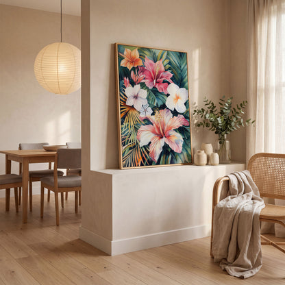 Tropical Hibiscus & Florals Canvas Print in white oak floating frame